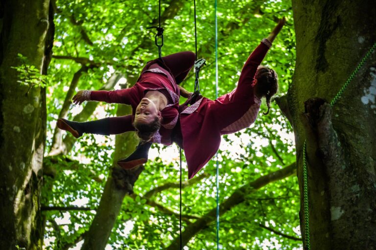Deux artistes aériens vêtus de costumes bordeaux présentent une étonnante acrobatie arbre en se suspendant la tête en bas entre de grands arbres feuillus, accrochés à des cordes et se tenant l'un l'autre dans les airs.