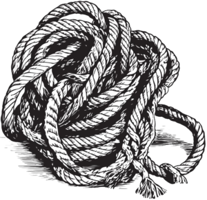 Illustration en noir et blanc d'une corde épaisse emmêlée en un nœud lâche et désordonné, dont les extrémités sont effilochées et reposent sur une surface plane, évoquant la tension dynamique d'une danse encordée.