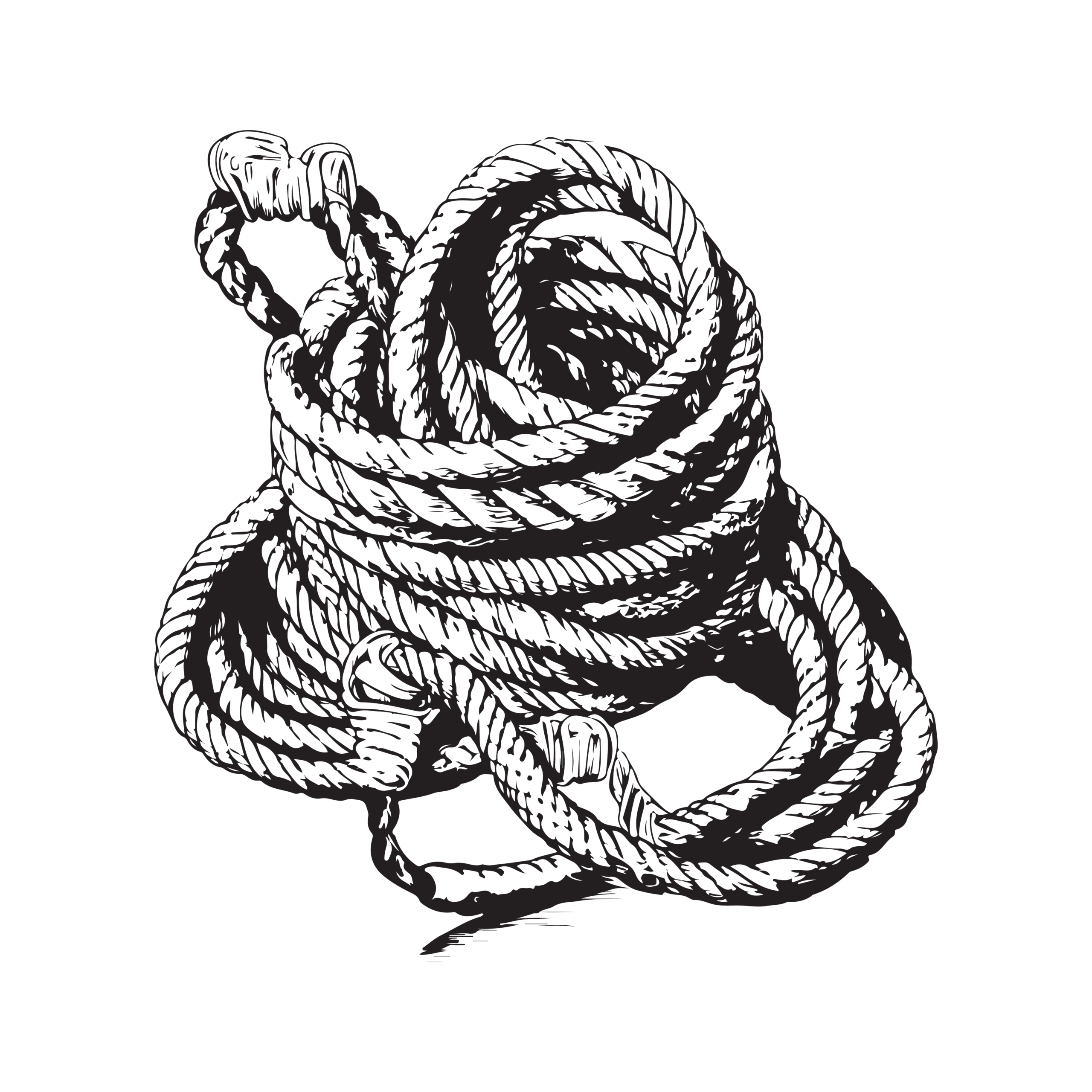 Illustration en noir et blanc d'une corde enroulée avec des extrémités lâches sur un fond uni.