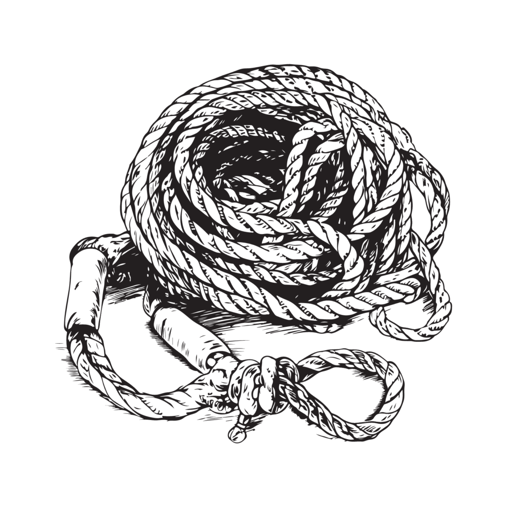 Une corde enroulée dont les deux extrémités reposent sur le sol, représentée dans un style de croquis détaillé en noir et blanc.