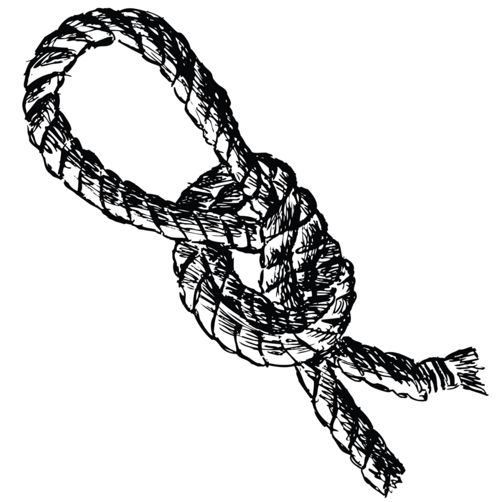 Illustration en noir et blanc d'une corde simple nouée en un nœud plat, souvent utilisé comme noeud d'escalade de base, avec une boucle et deux bouts libres visibles.
