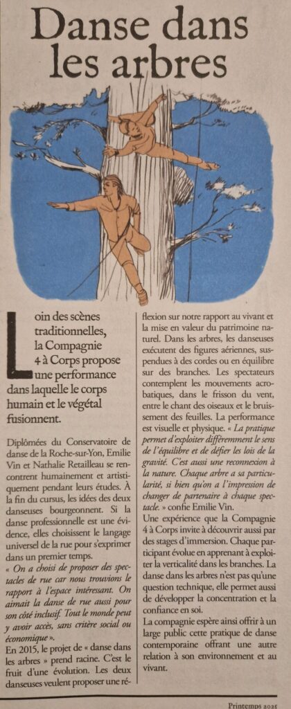 Illustration de deux danseurs sur un arbre, l'un à l'horizontale et l'autre accroché au tronc, accompagnée d'articles de presse sur la danse en milieu naturel.