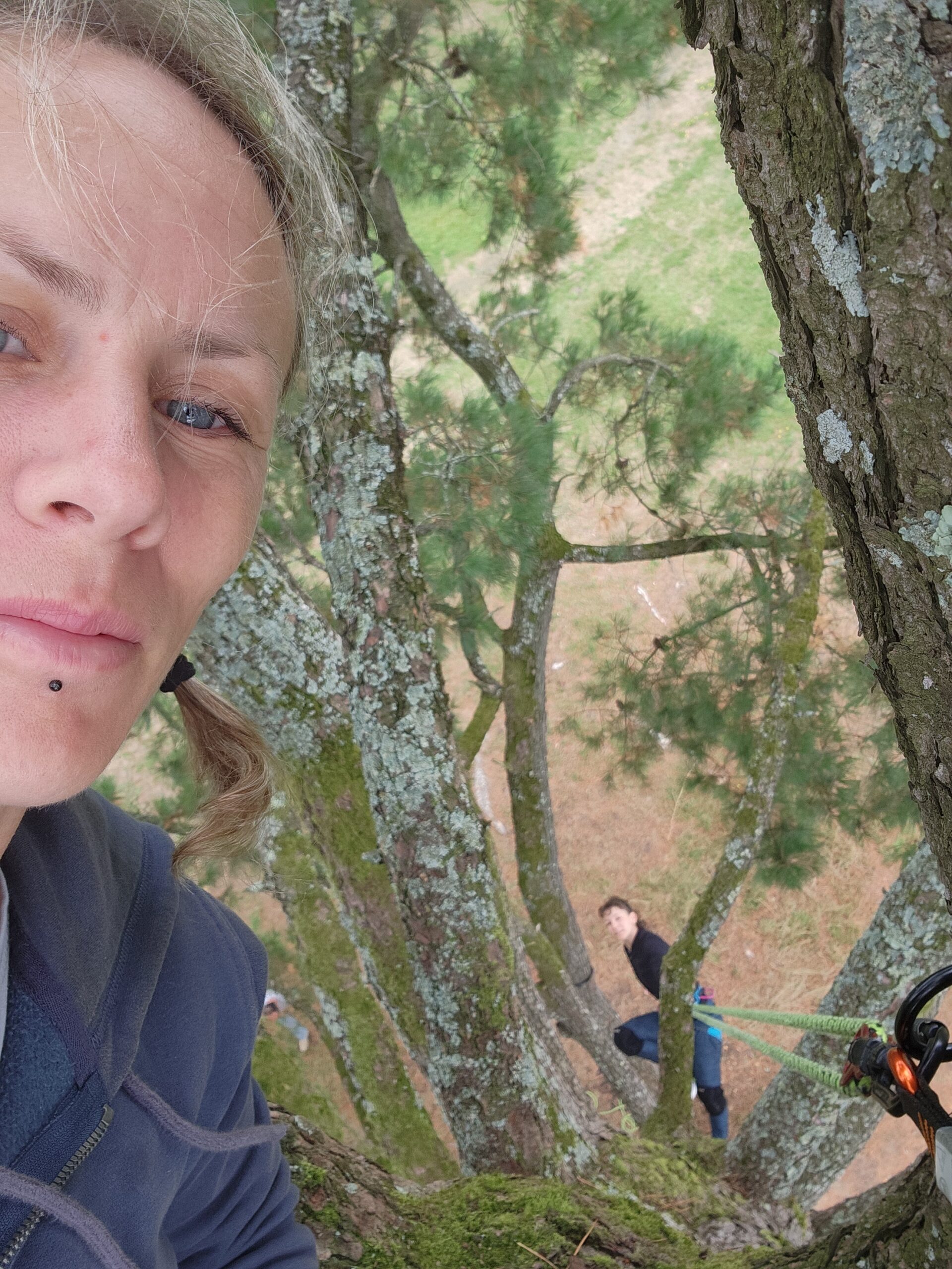 Une personne prend un selfie, attachée à un arbre avec son équipement d'escalade, lors d'un spectacle en plein air ; on aperçoit une autre personne en contrebas, également perchée dans les branches.