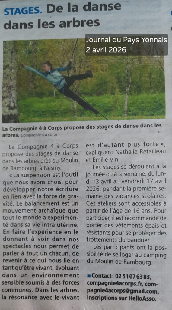 article de presse lié à un stage de danse dans les arbres